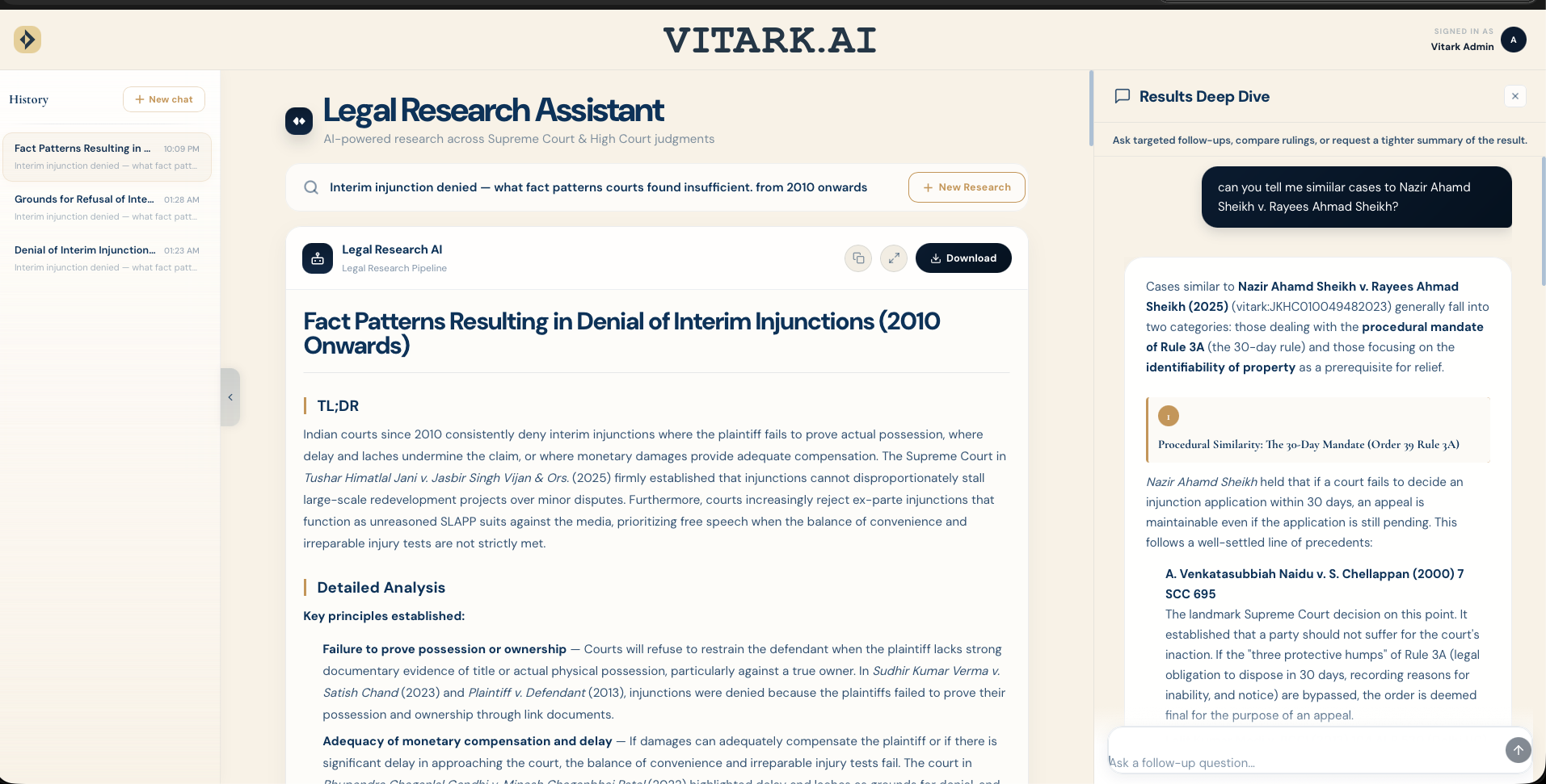 Vitark legal research assistant — research result with deep-dive panel