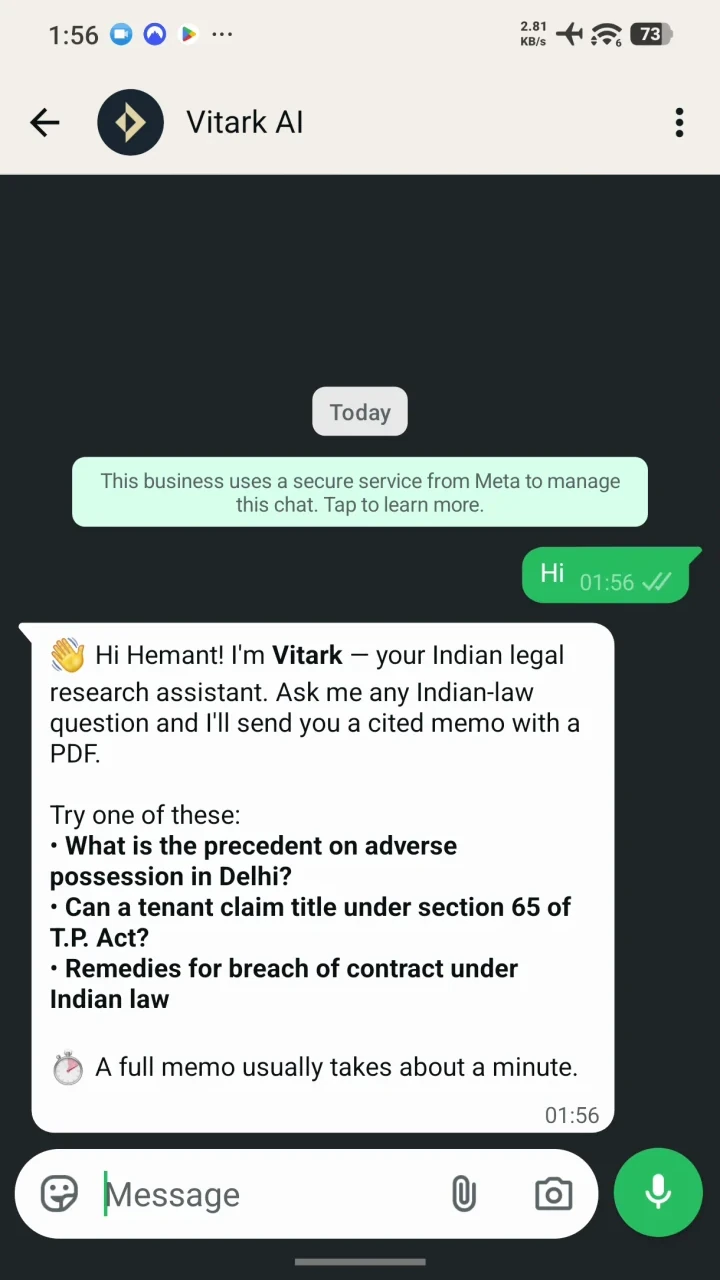 WhatsApp chat with Vitark: a person says Hi and Vitark replies with a greeting and three example questions
