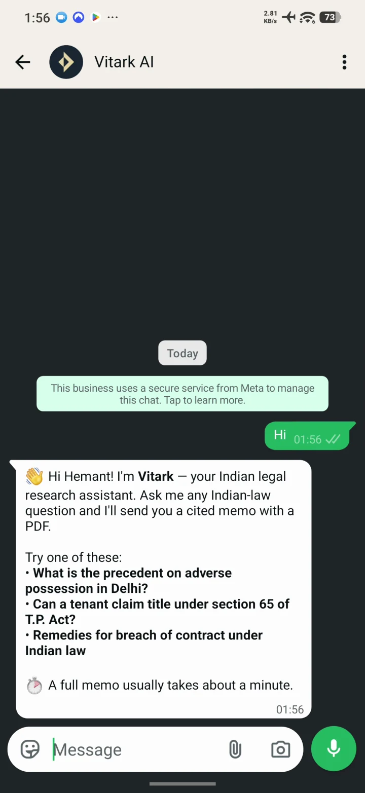 WhatsApp chat with Vitark: a person says Hi and Vitark replies with a greeting and three example questions