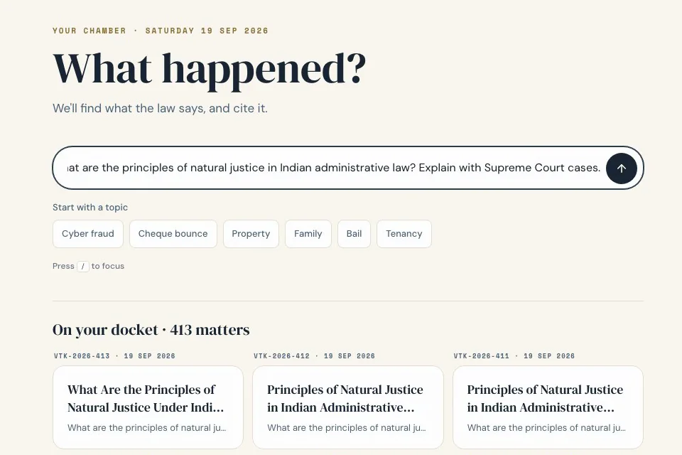 A legal question typed into the Vitark research screen